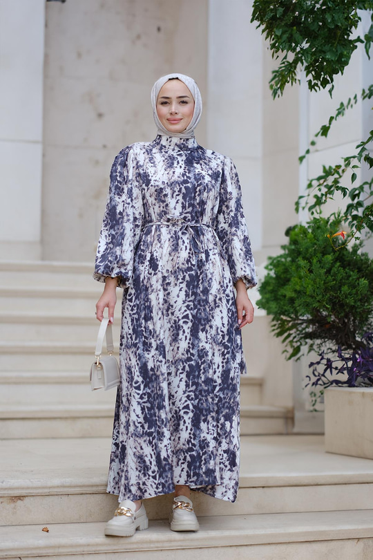 Saten Leopar Desen Bel Bağlamalı Elbise Vizon