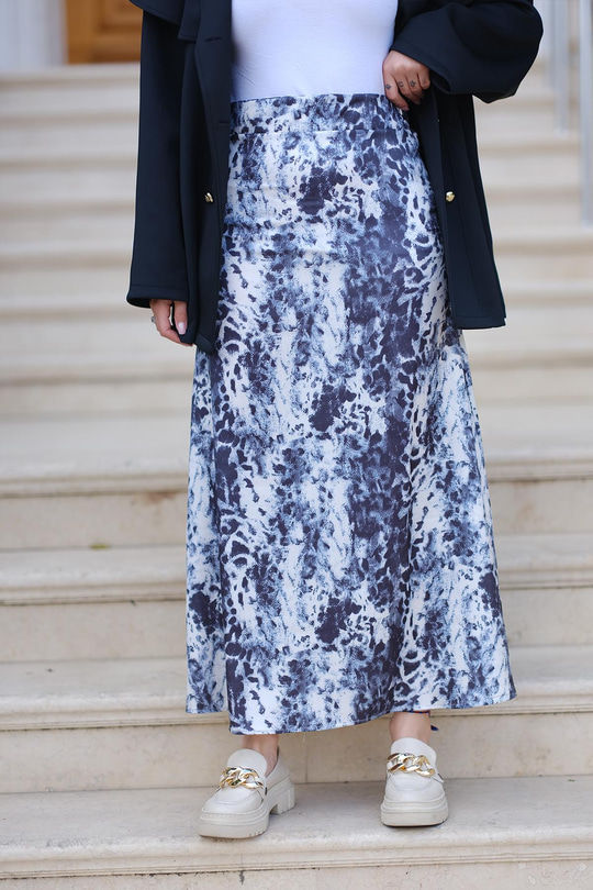 Saten Leopar Desen Etek  Mavi