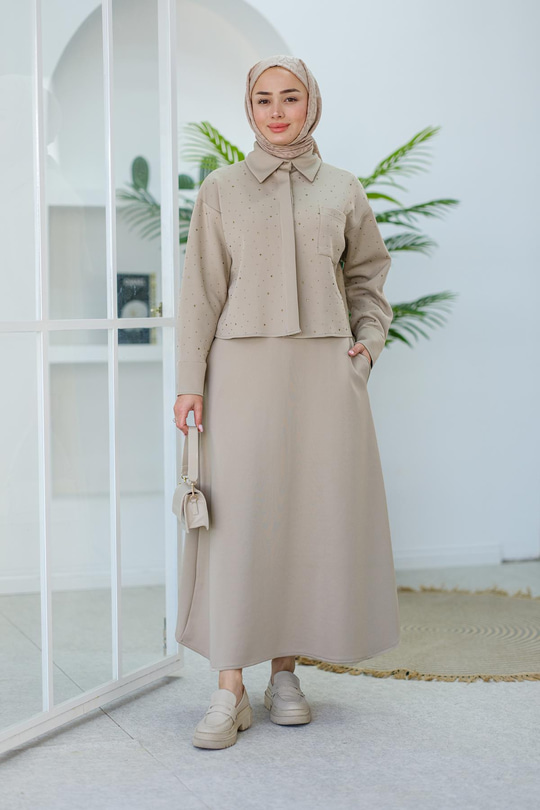 Scuba Taşlı Etekli Takım Krem