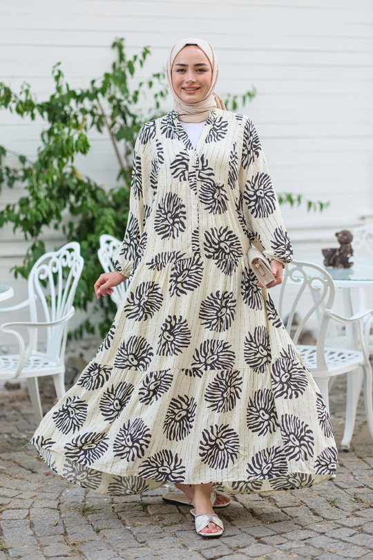 Şekil Desen Elbise Krem