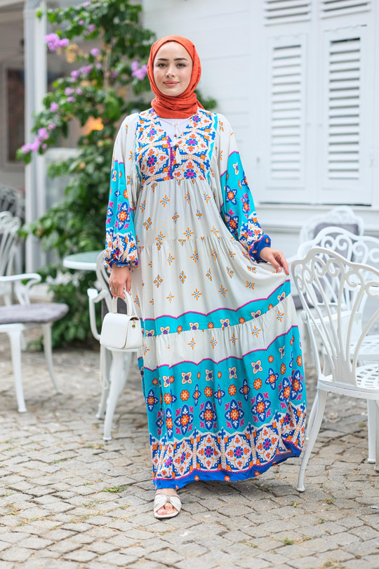 Şekil Desen Elbise Mavi