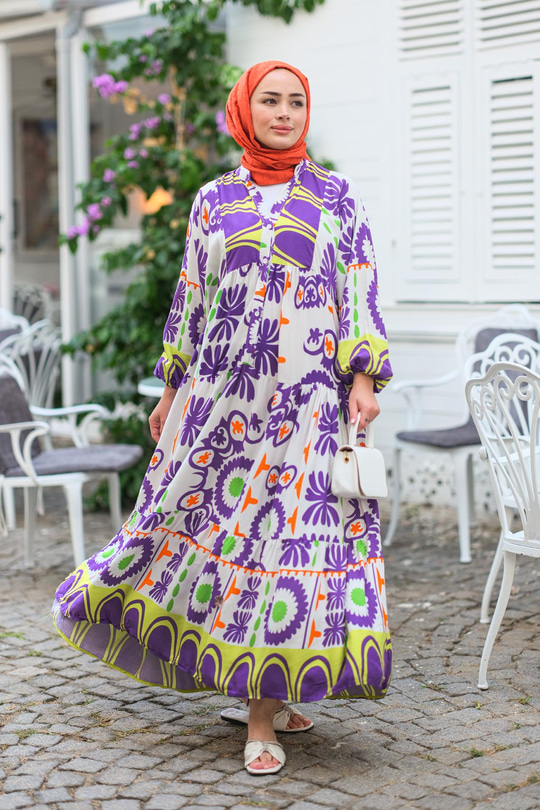 Şekil Desen Elbise Mor