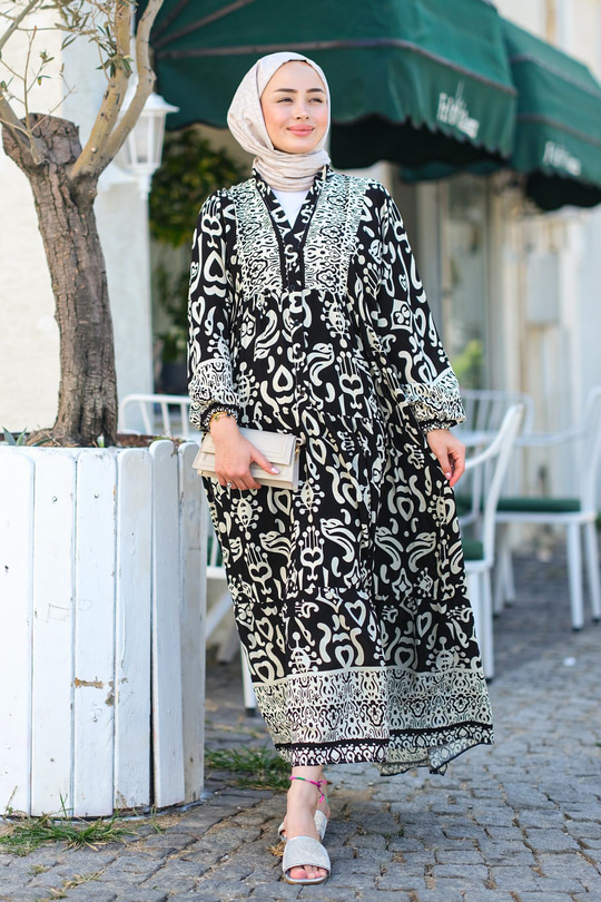 Şekil Desen Elbise Siyah