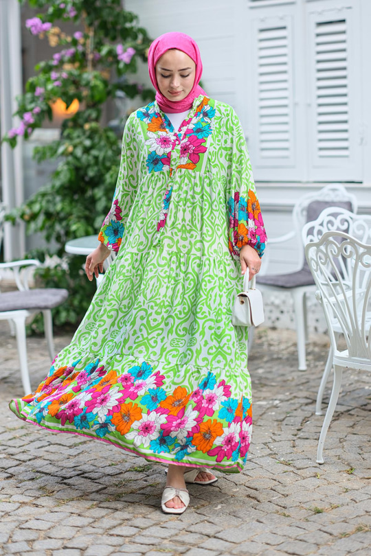 Şekil Desen Elbise Yeşil