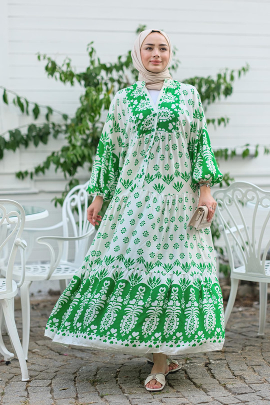Şekil Desen Elbise Yeşil