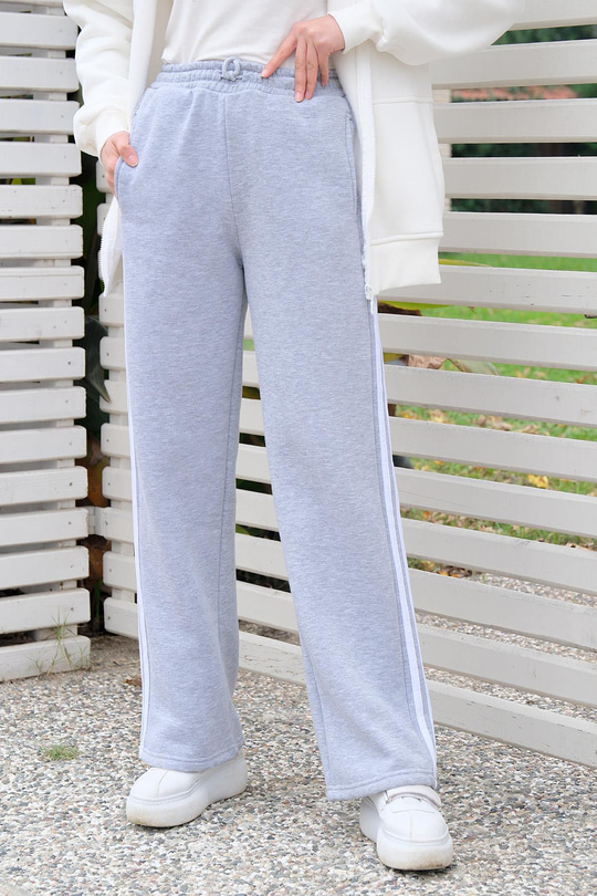 Şerit Çizgili Eşofman Altı Gri