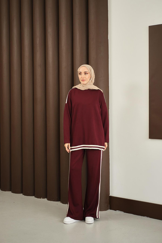 Şeritli İkili Takım Bordo