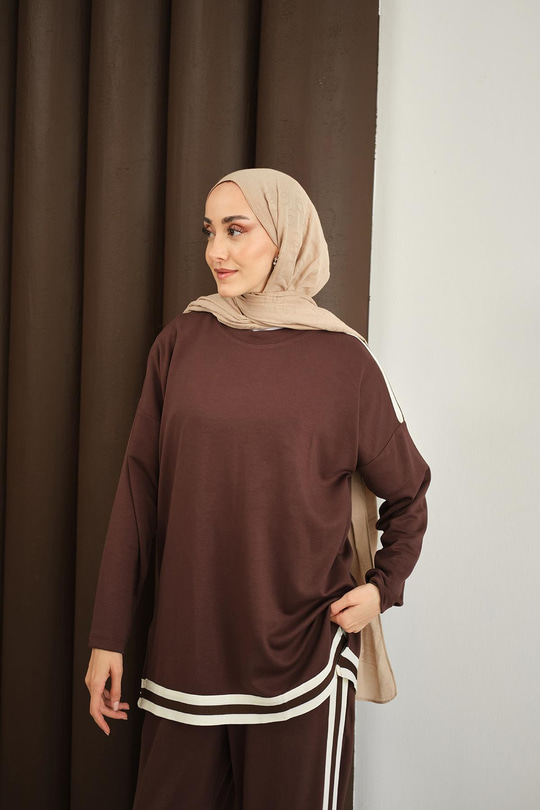 Şeritli İkili Takım Kahverengi