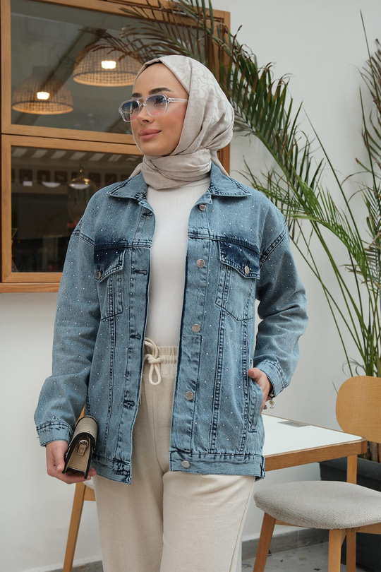 Serpme Taş Detay Kot Ceket  Buz Mavi