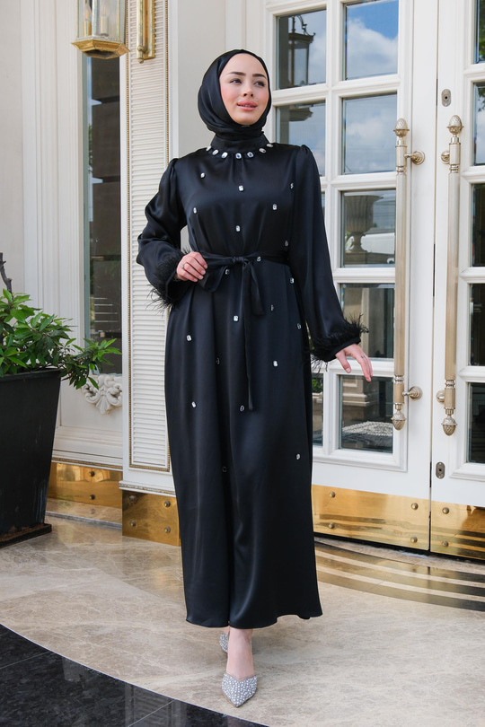 Serpme Taş İşlemeli Bel Bağlamalı Elbise Siyah