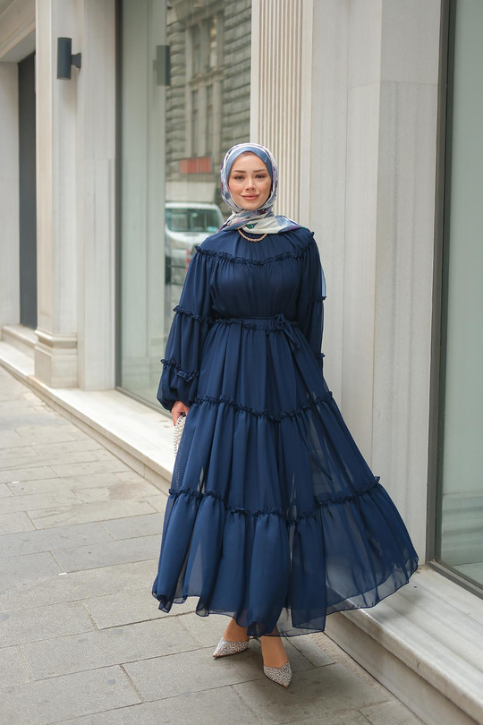 Şifon Fırfırlı Elbise Lacivert