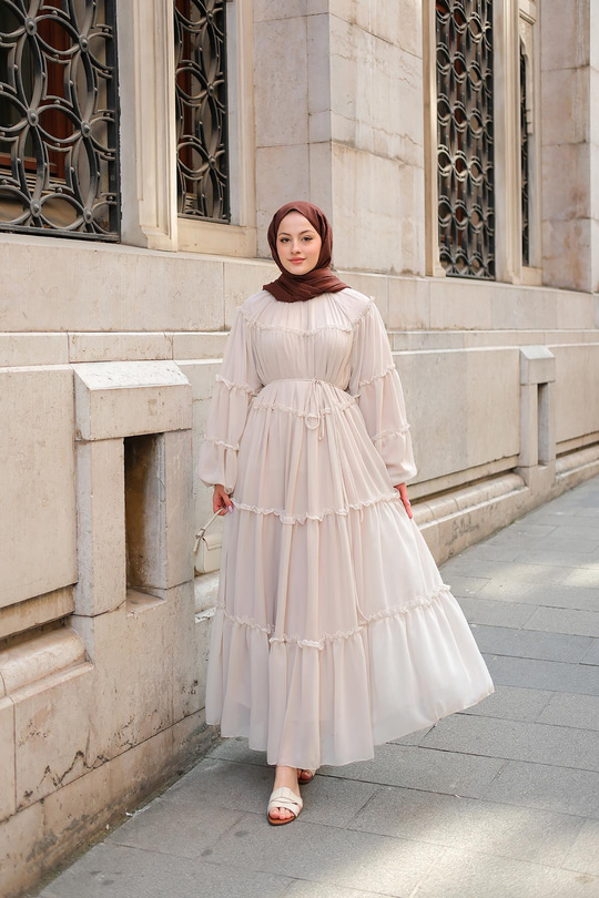 Şifon Fırfırlı Elbise Taş