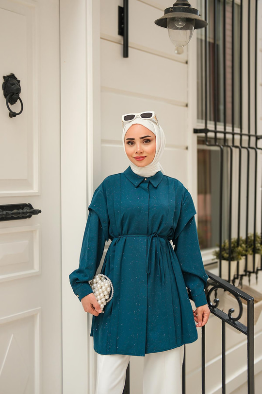 Sim Desenli Viskon Gömlek Petrol Yeşil