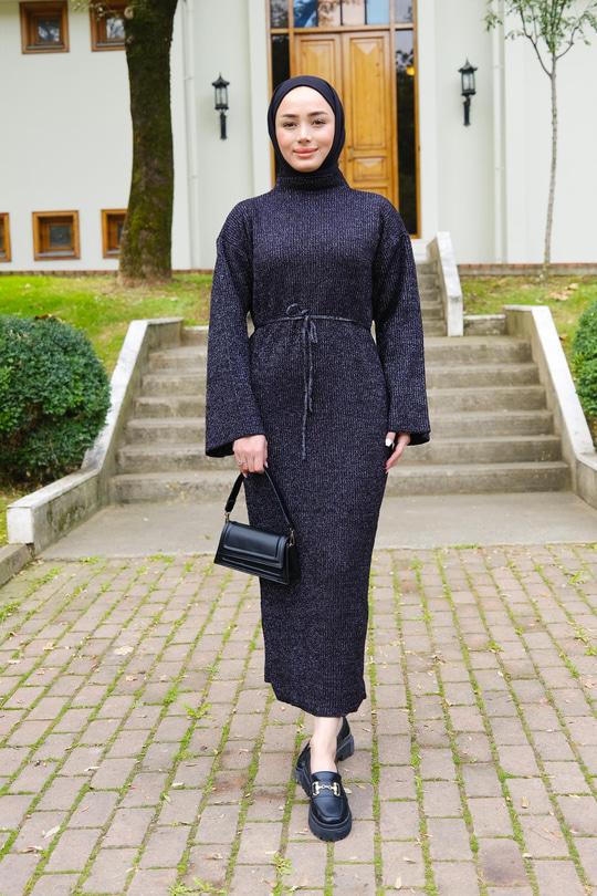 Sim Detay Bel Bağlamalı Elbise Siyah