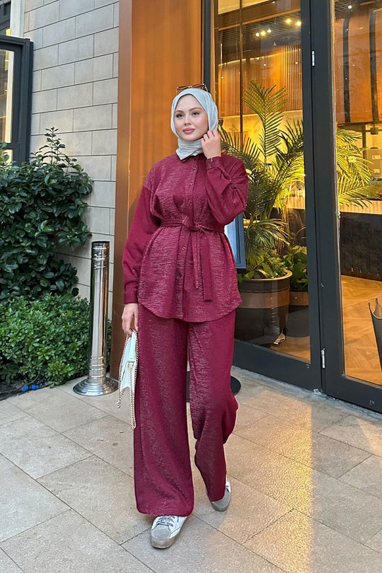 Sim Detay Bel Bağlamalı Takım Bordo