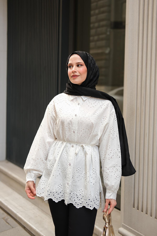 Sim Görünümlü Brode Gömlek Beyaz