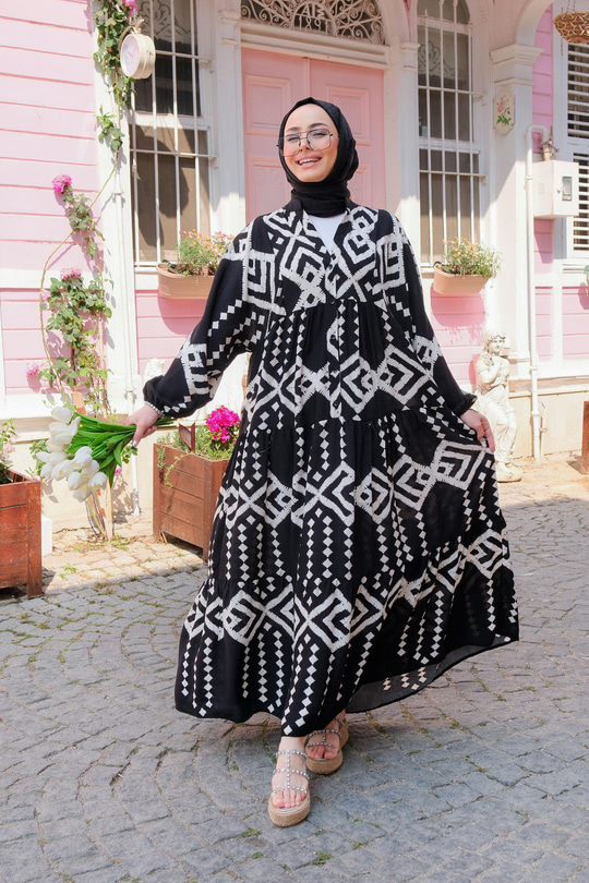 Simetrik Desen Elbise Siyah