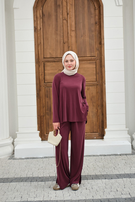 Sırt Dikiş Detay Beli Lastikli Takım Mürdüm