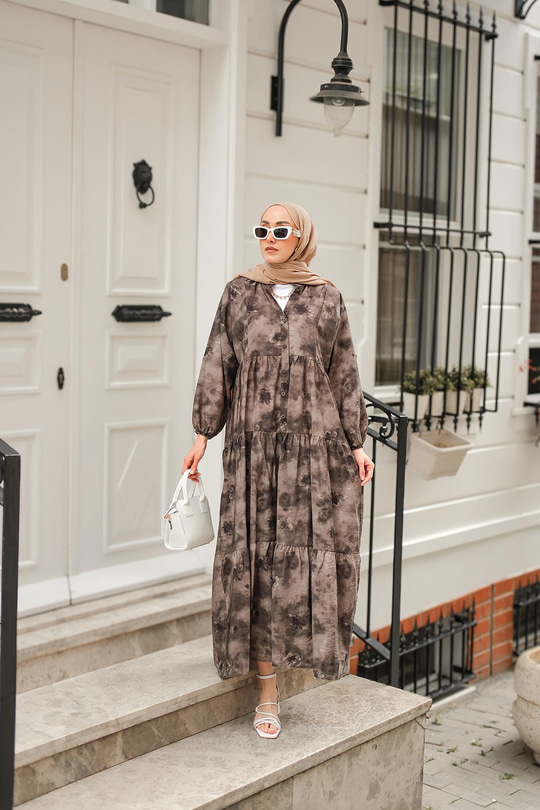 Sisli Çicek Desenli Elbise Antrasit