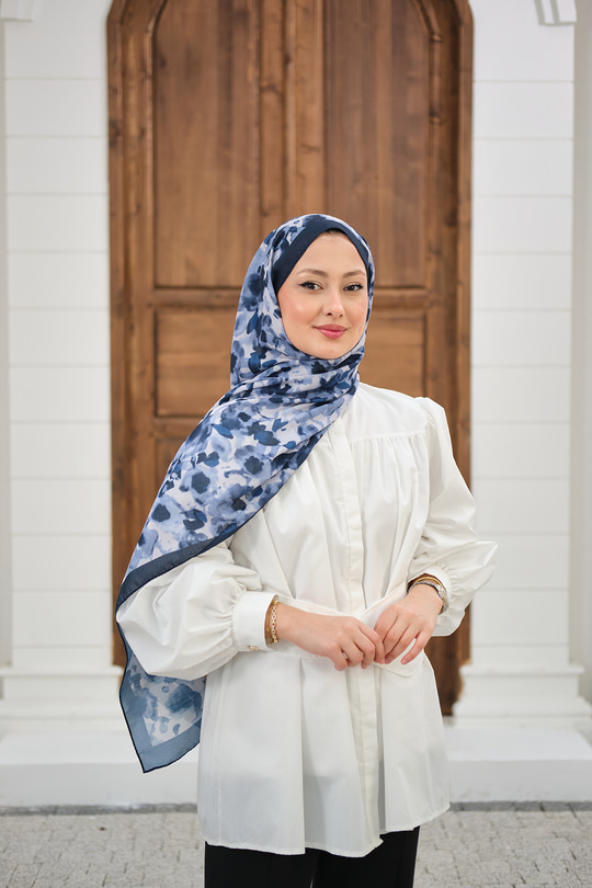 Sisli Gül Desen Şal Lacivert