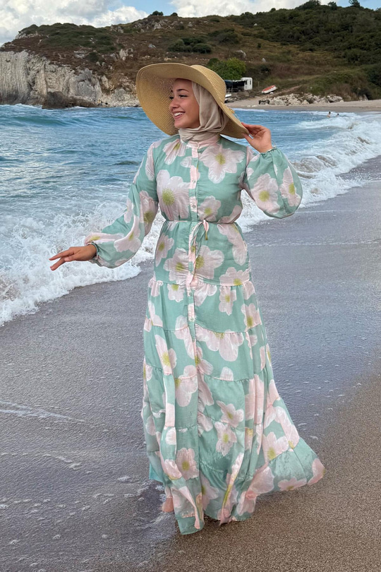 Soyut Çiçek Desen Elbise Yeşil