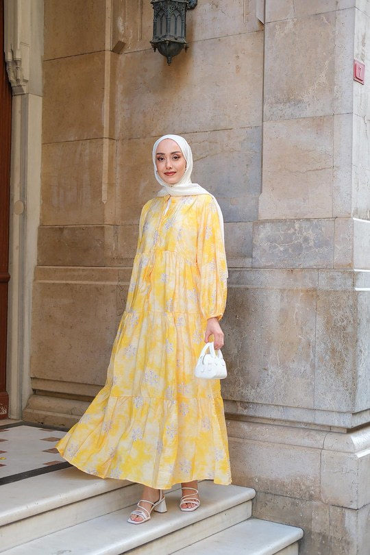 Soyut Çicek Desenli Elbise Sarı