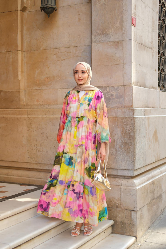 Soyut Desen Elbise Sarı