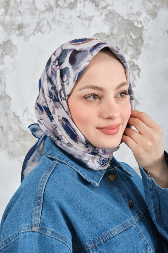 Soyut Pastel Desen Eşarp Lacivert