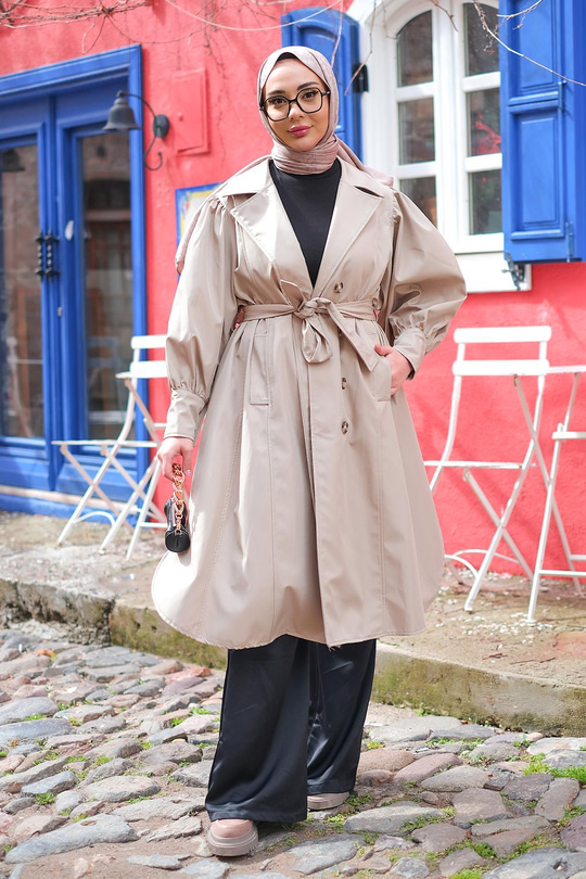 Su İtici Kol Büzgülü Trençkot Bej