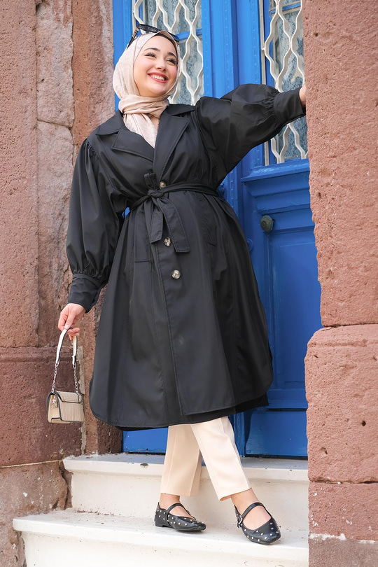 Su İtici Kol Büzgülü Trençkot Siyah