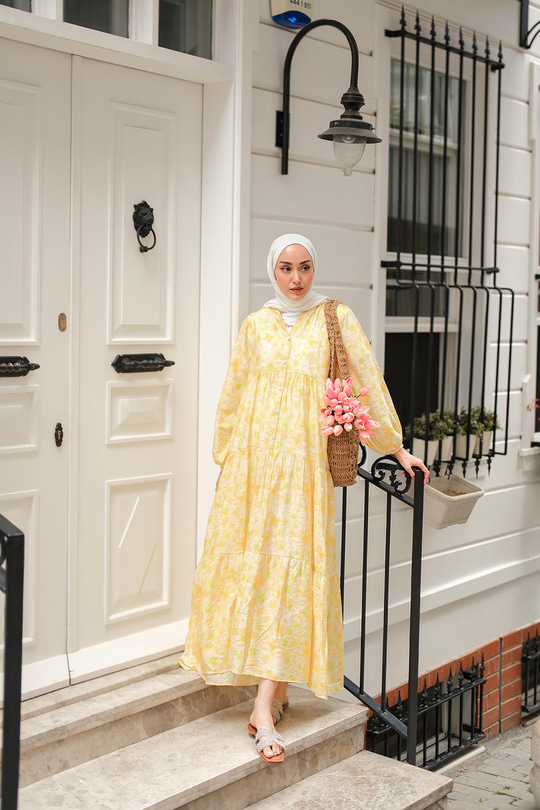 Sulu Boya Çicek Desen Elbise Sarı