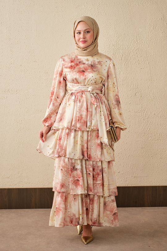 Sulu Boya Çiçek Desen Saten Elbise Somon