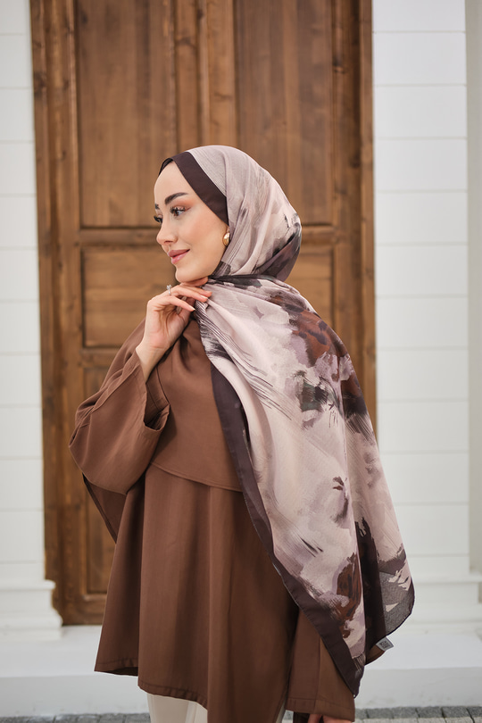 Sulu Boya Desenli Şal Kahverengi