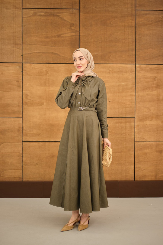 Süs Dikiş Detay Kemerli Elbise Haki Yeşil