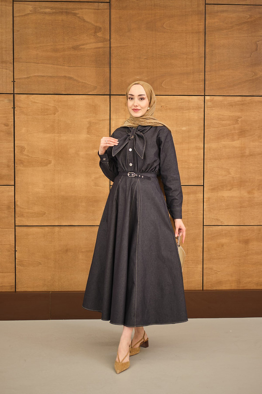 Süs Dikiş Detay Kemerli Elbise Lacivert