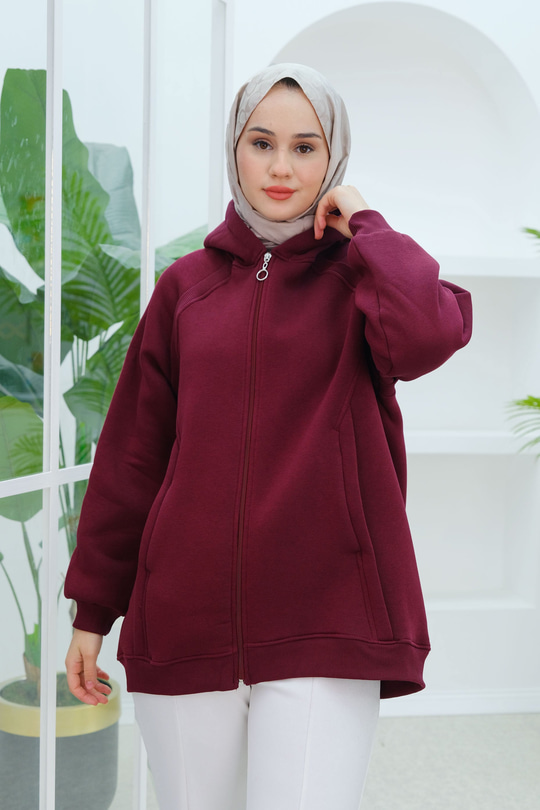Süveter Detay Kapüşonlu Hırka Bordo