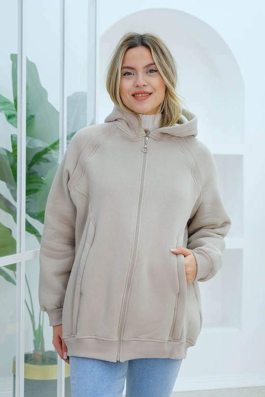 Süveter Detay Kapüşonlu Hırka Krem