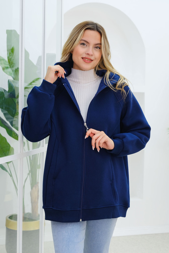 Süveter Detay Kapüşonlu Hırka Lacivert