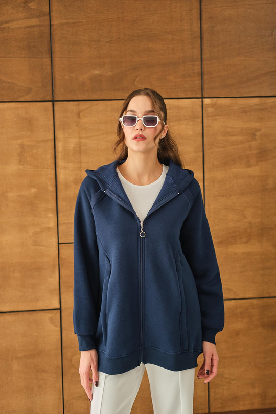 Süveter Detay Kapüşonlu Hırka Lacivert
