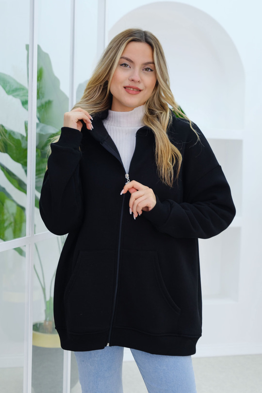 Süveter Detay Kapüşonlu Hırka Siyah