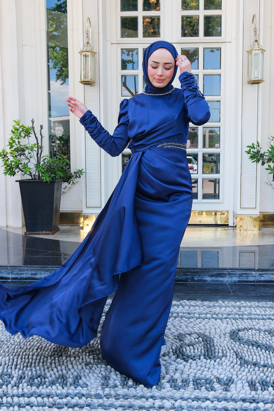 Taş Aksesuar Detay Abiye Lacivert