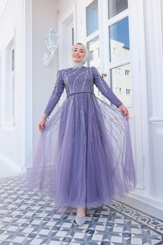 Taş Aksesuarlı Abiye Lila