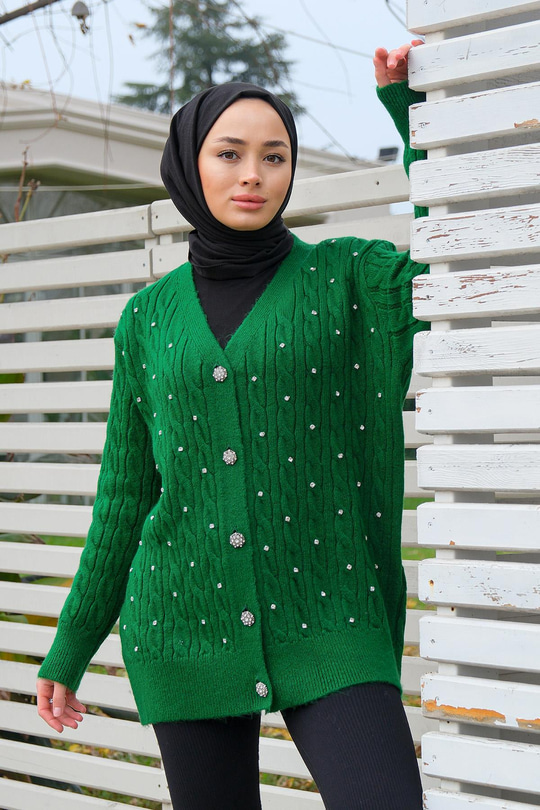 Taş Aksesuarlı Hırka Yeşil