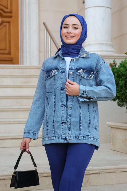 Taş Aksesuarlı Kot Ceket  Buz Mavi