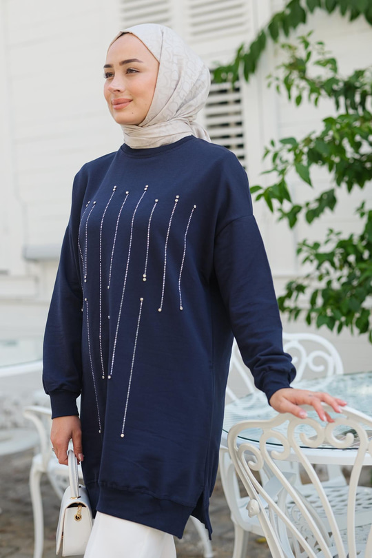 Taş Aksesuarlı Tunik Lacivert