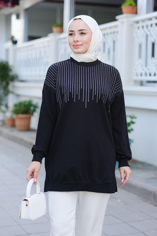 Taş Aksesuarlı Tunik Siyah
