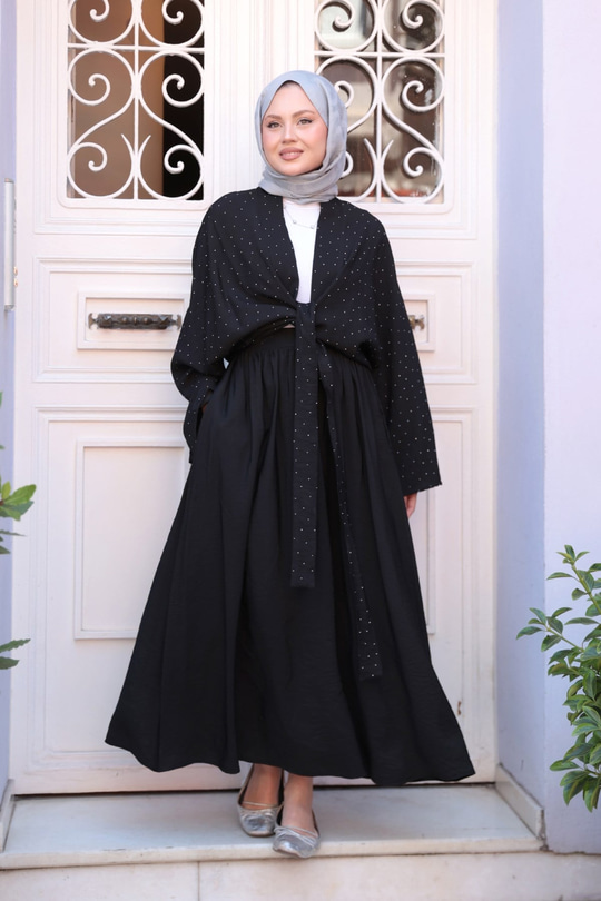 Taş Detay Bağlamalı Takım Siyah