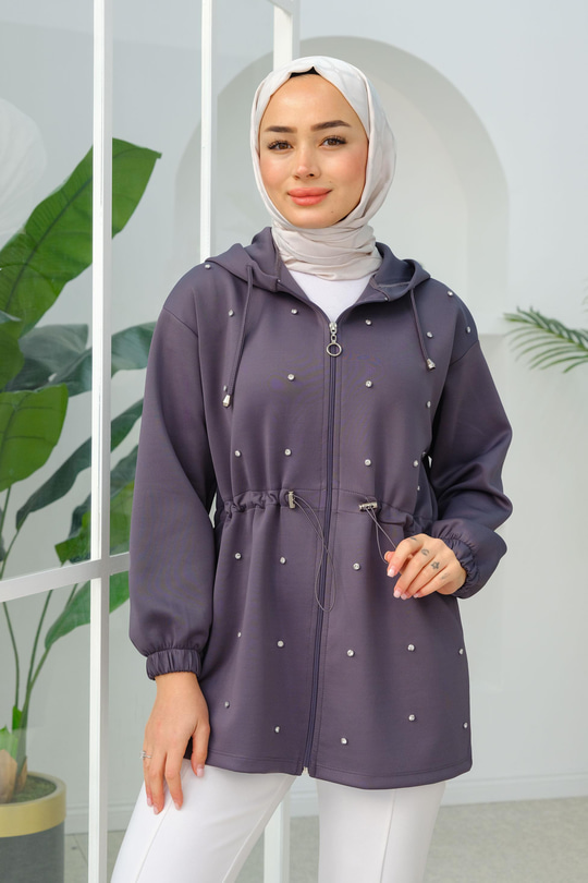 Taş Detay Bel Büzgülü Hırka Füme