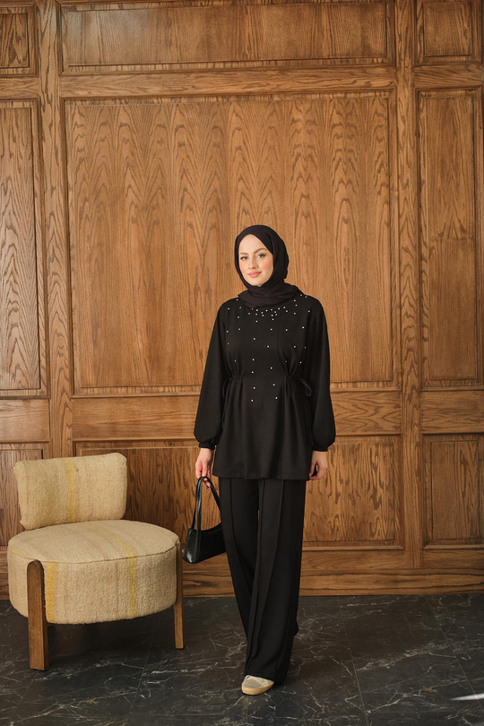 Taş Detay İkili Takım Siyah