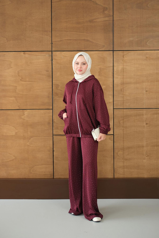 Taş Detay Kapüşonlu İkili Takım Bordo
